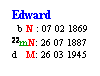 Text Box: Edward
  b N : 07 02 1869
22mN: 26 07 1887
d   M: 26 03 1945
